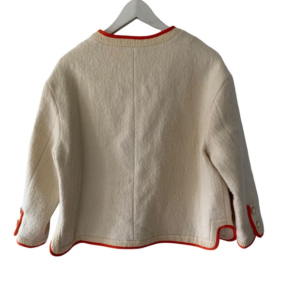 Pushbutton Boucle Cream With Orange Trim Snap Button Collarless Blazer Large - Picture 7 of 12